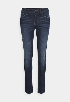 Dunkelblaue Denim-Jeans mit regulärer Passform, Fünf-Taschen-Design, leichten Used-Effekten und einem Knopfverschluss an der Taille.