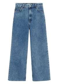 Siniset korkeavyötäröiset leveälahkeiset farkut, joissa on edessä nappi, vetoketjukiinnitys ja viisi taskua.