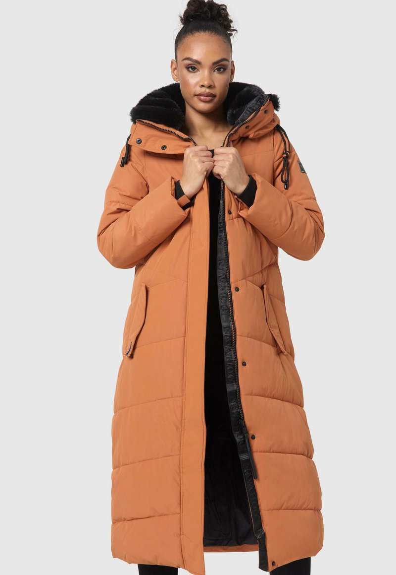 Long, orange puffer coat with a black fur-lined hood, featuring a zipper front, side pockets, and quilted texture throughout.