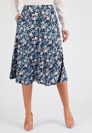 Bloemen midi rok met een donkerblauwe achtergrond, lichtblauwe en roze bladmotieven, elastische tailleband en zakken.