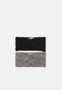 Two knitted headbands: one black and one gray, featuring a braided cable design, with a logo tag on the gray band.