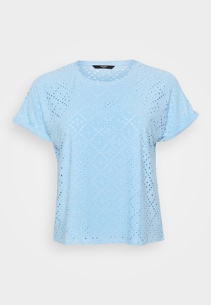Light blue short-sleeve top featuring a textured fabric with diamond and circular cutouts, creating a breathable design.