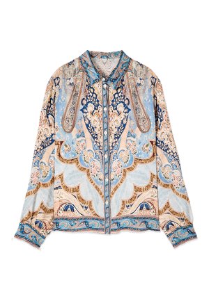 Camicia a maniche lunghe con bottoni, decorata con intricati motivi paisley e floreali in blu, beige e oro, dotata di colletto appuntito e polsini.