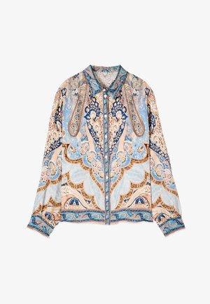 Camicia a maniche lunghe con bottoni, decorata con intricati motivi paisley e floreali in blu, beige e oro, dotata di colletto appuntito e polsini.