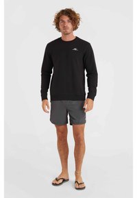 Zwarte crewneck sweatshirt van een katoenmix, met lange mouwen en een klein logo op de borst; gecombineerd met grijze shorts en slippers.