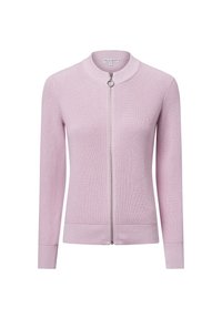 Světle růžový kardigan vyrobený z ribrové pleteniny, s vysokým límcem, plným zipem a přiléhavými manžetami. Hladká textura s minimalistickým designem.