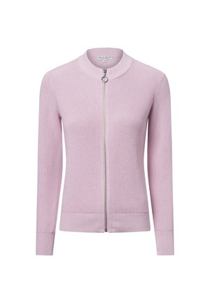 Lyserød cardigan lavet af ribstrikket stof, med ståkrave, fuld lynlås og tætsiddende manchetter. Glat tekstur med minimalistisk design.