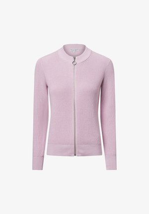 Cardigan di un rosa chiaro realizzato in tessuto a coste, con colletto alto, zip frontale e polsini aderenti. Texture liscia con design minimalista.