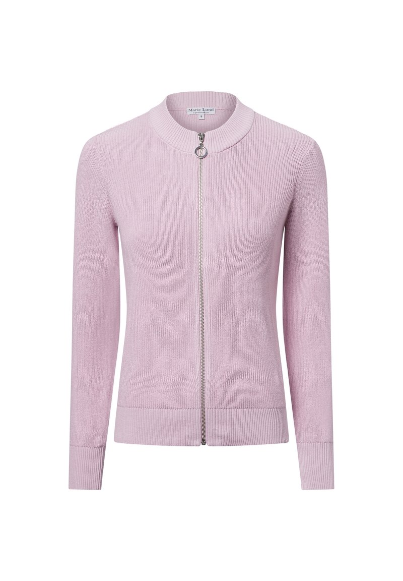 Světle růžový kardigan vyrobený z ribrové pleteniny, s vysokým límcem, plným zipem a přiléhavými manžetami. Hladká textura s minimalistickým designem.