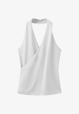 Haut blanc sans manches à col licou avec détails de sangles croisées devant et derrière sur fond uni.