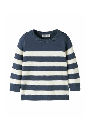 Pull en maille rayé bleu marine et blanc à manches longues avec col rond et poignets et ourlet côtelés.