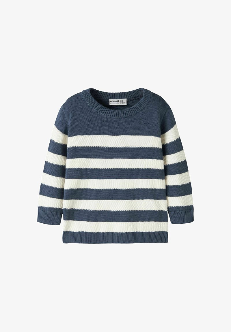Pull en maille rayé bleu marine et blanc à manches longues avec col rond et poignets et ourlet côtelés.