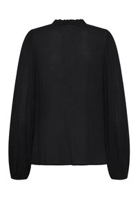 Sort langærmet bluse med struktureret stof, rynket udskæring og tilpassede manchetter, med en afslappet silhuet og minimalistisk design.