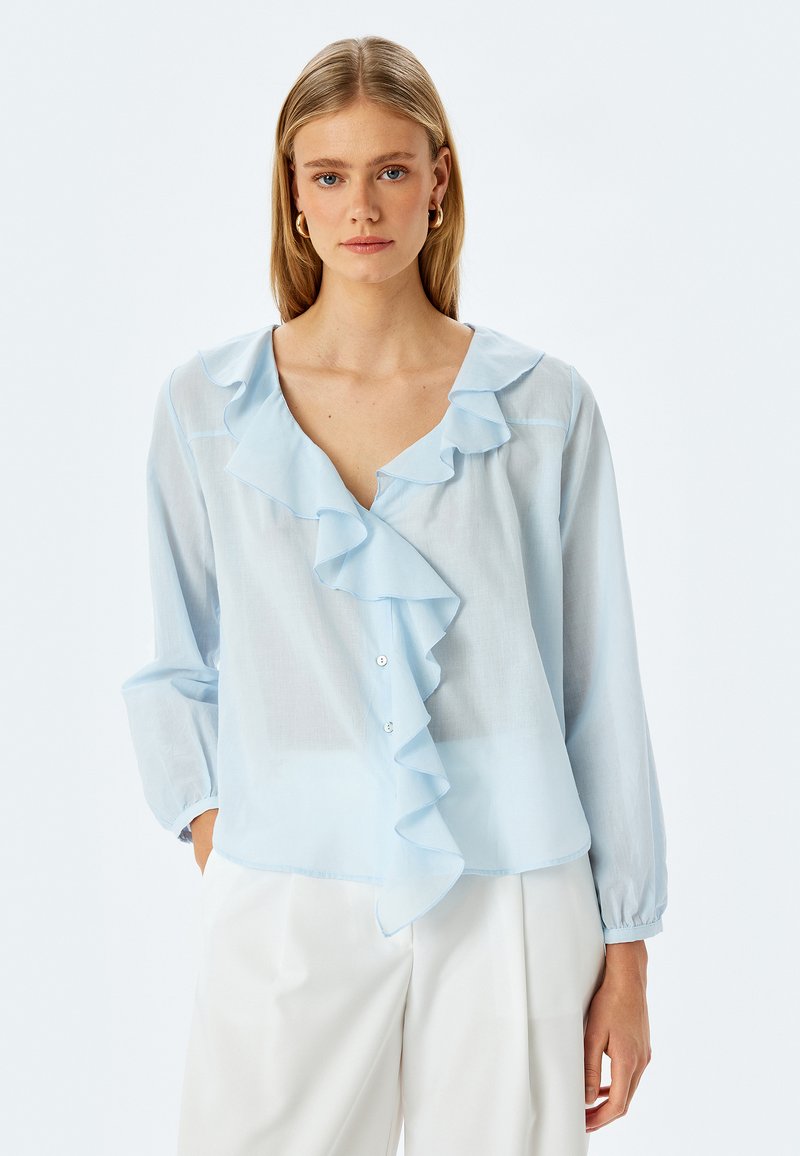 Lichtblauwe blouse met gerimpelde voorkant, V-halslijn en lange mouwen. Heeft een knoopsluiting en een doorschijnende textuur, gecombineerd met witte broeken.