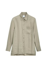 Langärmliges Hemd mit Knöpfen in hellem Beige, aus glattem Stoff gefertigt, mit einer Brusttasche und einem klassischen Kragen.