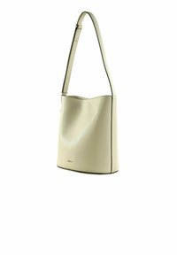 Hellcremefarbene Faux-Leder-Beuteltasche mit glatter Textur, abgerundetem oberen Rand und verstellbarem Riemen, mit dezenten Logodetails.