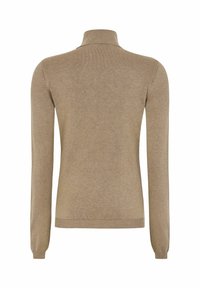 Maglione beige con colletto alto, maniche lunghe e una consistenza liscia. Presenta un orlo e polsini a coste, vista posteriore mostrata.