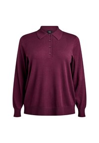 Camisa polo de manga larga burdeos con cuello, delante abotonado, puños y dobladillo acanalados, fabricada en un material suave y texturizado.