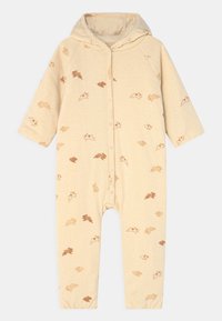 Beige body med kaninmotiv i bruna nyanser, med huva, knappstängning fram och muddar på ärmarna, tillverkad av mjukt, texturerat tyg.