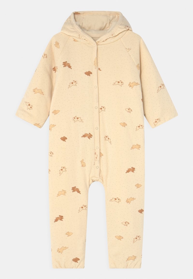 Beige onesie with rabbit print in brown hues, featuring a hood, front snap closure, and cuffed sleeves, made from soft, textured fabric.