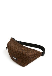 Brown waist bag with leopard print pattern, made from durable fabric. Features a zippered compartment and an adjustable black strap.