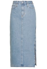 Světle modrá džínová sukně se rovnou siluetou, předním zapínáním na knoflíky a bočním rozparkem. Obsahuje nenápadné švy a kapsy.