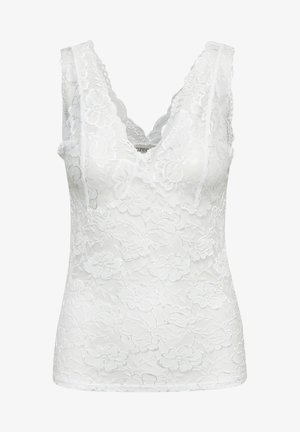 Top in pizzo bianco con motivo floreale, scollo a V e dettagli in pizzo intagliato lungo i bordi e le spalle. Tessuto morbido e uniforme.