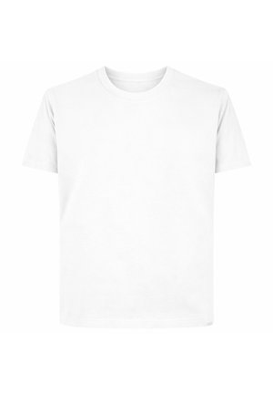 T-shirt bianca semplice a maniche corte con scollo a girocollo, mostrata su una superficie piana senza loghi o disegni visibili.