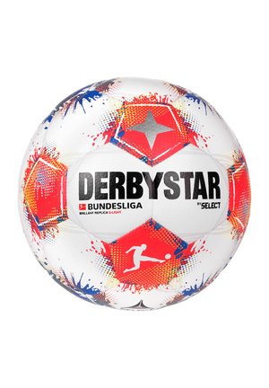 White soccer ball with red and blue splatter accents, hexagonal pattern, featuring "DERBYSTAR" and Bundesliga logo in bold black text.