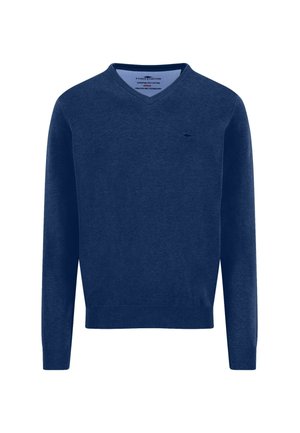 Dunkelblauer Herrenpullover mit V-Ausschnitt und langen Ärmeln aus superfine 3-lagiger Baumwolle, mit gerippten Bündchen und Bund sowie einem kleinen gestickten Logo.