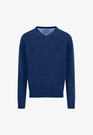 Marineblauwe V-hals heren trui met lange mouwen, gemaakt van superfijne 3-laags katoen met geribde manchetten en tailleband, met een klein geborduurd logo.