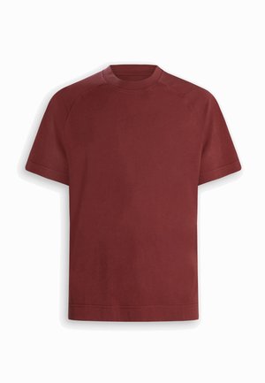 Kurzärmeliges T-Shirt mit Rundhalsausschnitt in einfarbigem Dunkelrot mit Raglanärmeln und geradem Saum.