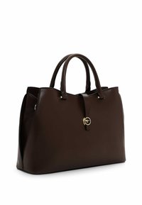 Borsa a mano in pelle marrone con manici arrotondati, forma strutturata, hardware circolare dorato e superficie liscia. Nessun motivo visibile.