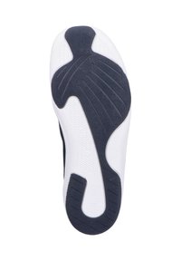 Marineblauer Gummisohle mit strukturierten weißen Akzenten, die über flexible Rillen und ein konturiertes Design verfügt, um die Traktion und Unterstützung zu verbessern.