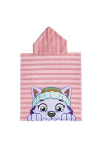 Asciugamano con cappuccio rosa caratterizzato da un design di un lupo cartone animato con grandi occhi, su uno sfondo di strisce orizzontali rosa e bianche. Materiale morbido e peloso.