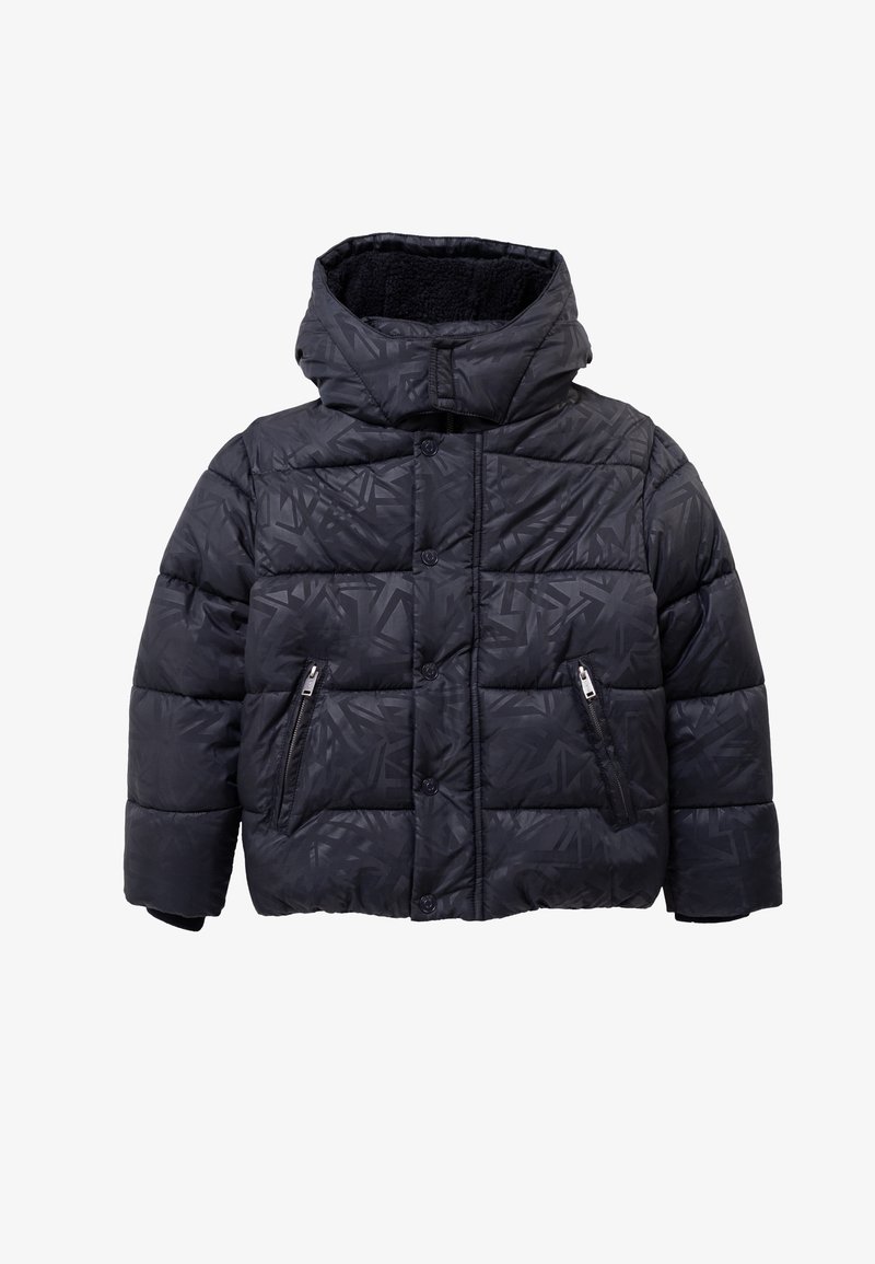 Black puffer jacket with a textured geometric pattern, hood, and two zippered side pockets. Features a button-front closure.
