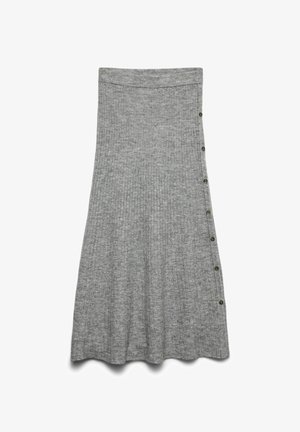 Grauer, gerippter Strickrock mit einem enganliegenden Bund und dekorativen Knöpfen an der Seite. Hat einen ausgestellten Saum und eine weiche Textur.