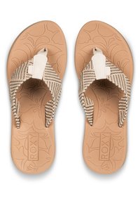 Bežid žflip-flops, millel on kootud triibuline rihm ja reljeefne lillemuster tallas. Roxy logo on kujutatud tallas.