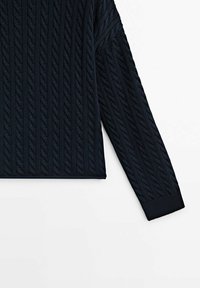 Manche et section de torse d'un pull en maille torsadée bleu marine sur fond blanc, montrant le motif tricoté texturé et le poignet côtelé.