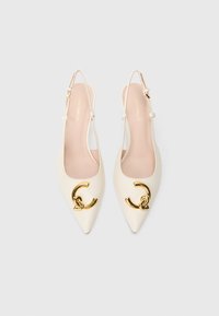 Nahkanilkkurit, joissa on terävä kärki ja oljenvärinen nahka, kultainen logo ja vaaleanpunainen sisäpohja. Säädettävä remmi istuvuuden takaamiseksi.