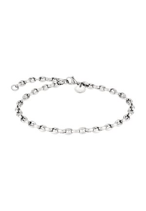 Collier en chaîne en argent avec des maillons ovales, un fermoir à ressort et un petit charm en forme de cercle. Le design est lisse avec une finition polie.