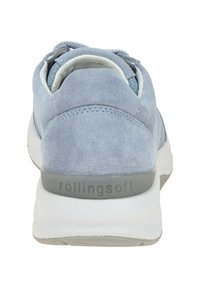 Light blue suede sneaker with textured fabric, white midsole, and gray heel accent. Features logo on heel and lace-up front design.
