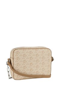 Beige crossbody-väska med ett mönstrat tygutsida. Har ett dragkedjestängning, en avtagbar axelrem och subtil logodetalj.