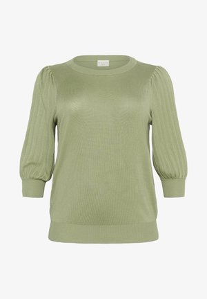 Pull vert clair avec un col rond, des manches ballon côtelées et un ourlet côtelé ajusté. Fabriqué à partir d'un matériau tricoté doux.