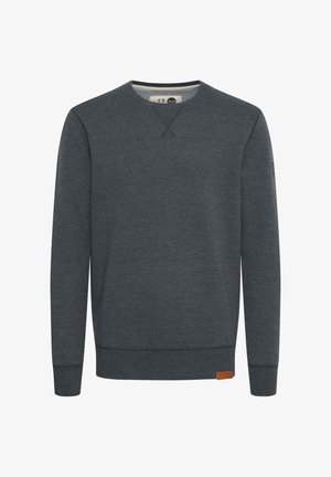 Dark gray sweatshirt with a crew neck, long sleeves, ribbed cuffs and hem, featuring a small leather logo patch on the lower left side.