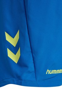 Shorts de sport bleus avec une texture lisse, ornés de motifs en chevron jaunes et de marques. Un léger éclat du tissu améliore la visibilité des détails.