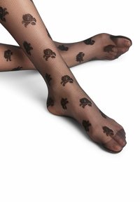 Collant a rete neri con un motivo a rose ripetuto in marrone scuro. Il materiale è trasparente, con un design open toe e una finitura testurizzata.