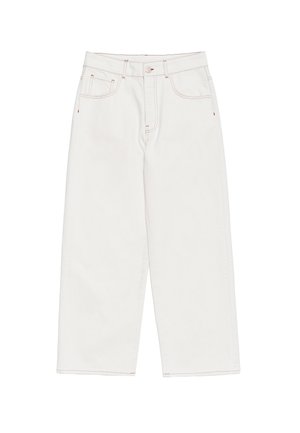 Weiße weite Jeans aus Baumwolle mit hoher Taille, zwei vorderen Taschen und kontrastierendem orangefarbenem Nähen entlang der Nähte.