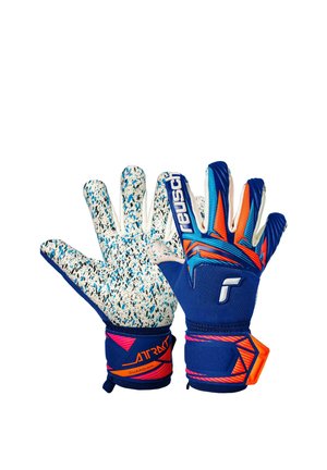 Pair of blue and orange goalkeeper gloves with textured white palms and wrist straps branded "Reusch" and "Attract Guardian."