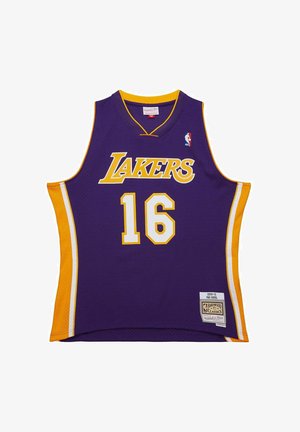 Camiseta de baloncesto púrpura con acentos amarillos, que presenta el texto "LAKERS", el número "16" y el logo de la NBA. Fabricada en tejido de malla, con diseño sin mangas.